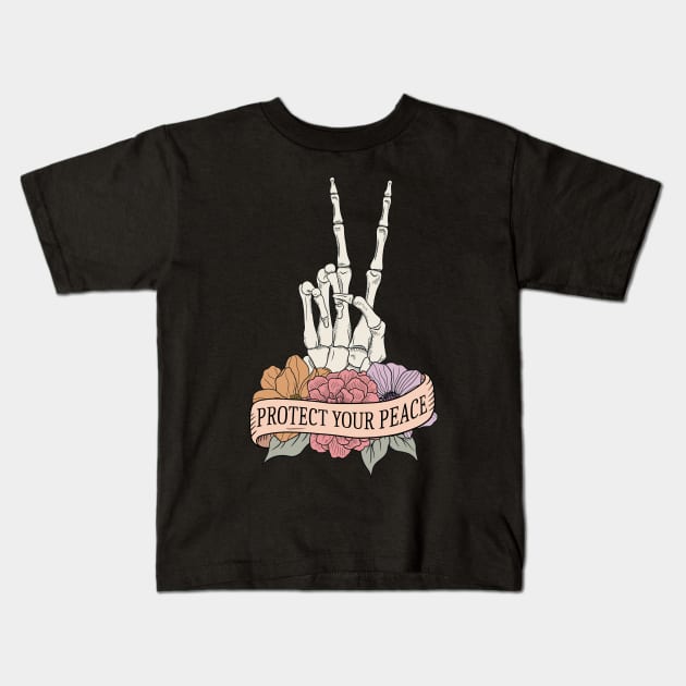 "Protect Your Peace" Skelton Peace Sign Kids T-Shirt by FlawlessSeams